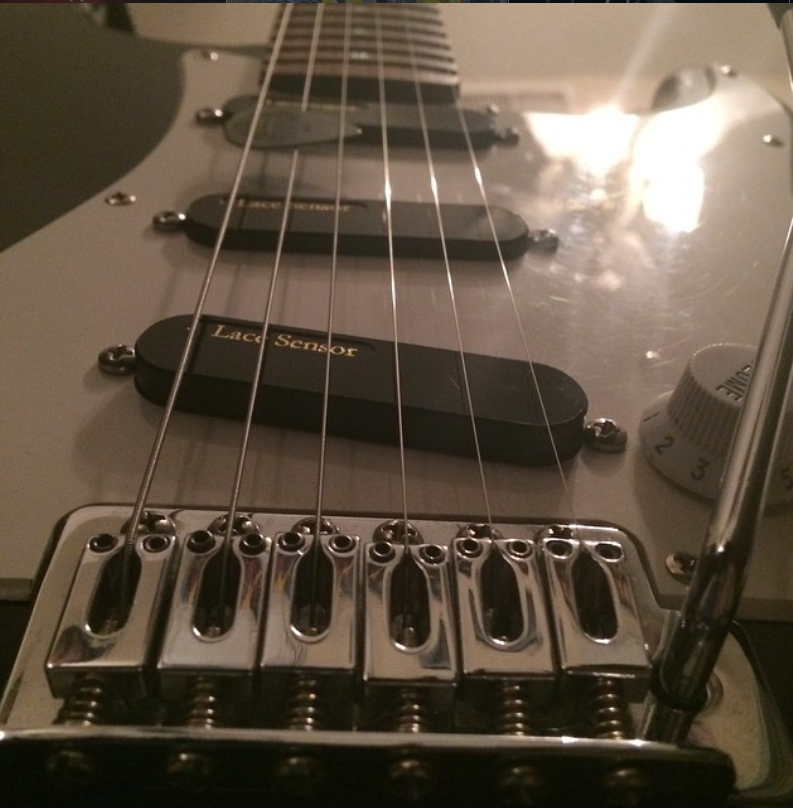 Close-up of Jamari's guitar — pickups and tremolo bridge